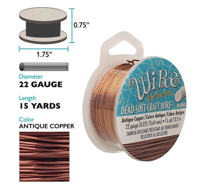 22 Gauge Vintage Copper Colour Round Craft Wire by Beadsmith Pro Quality Non Tarnish 15 yd