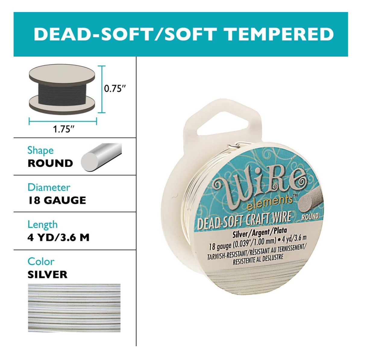 A spool of Wire Elements Dead-Soft Craft Wire shown on a white background with a teal header. The left side includes product specs: round shape, 0.