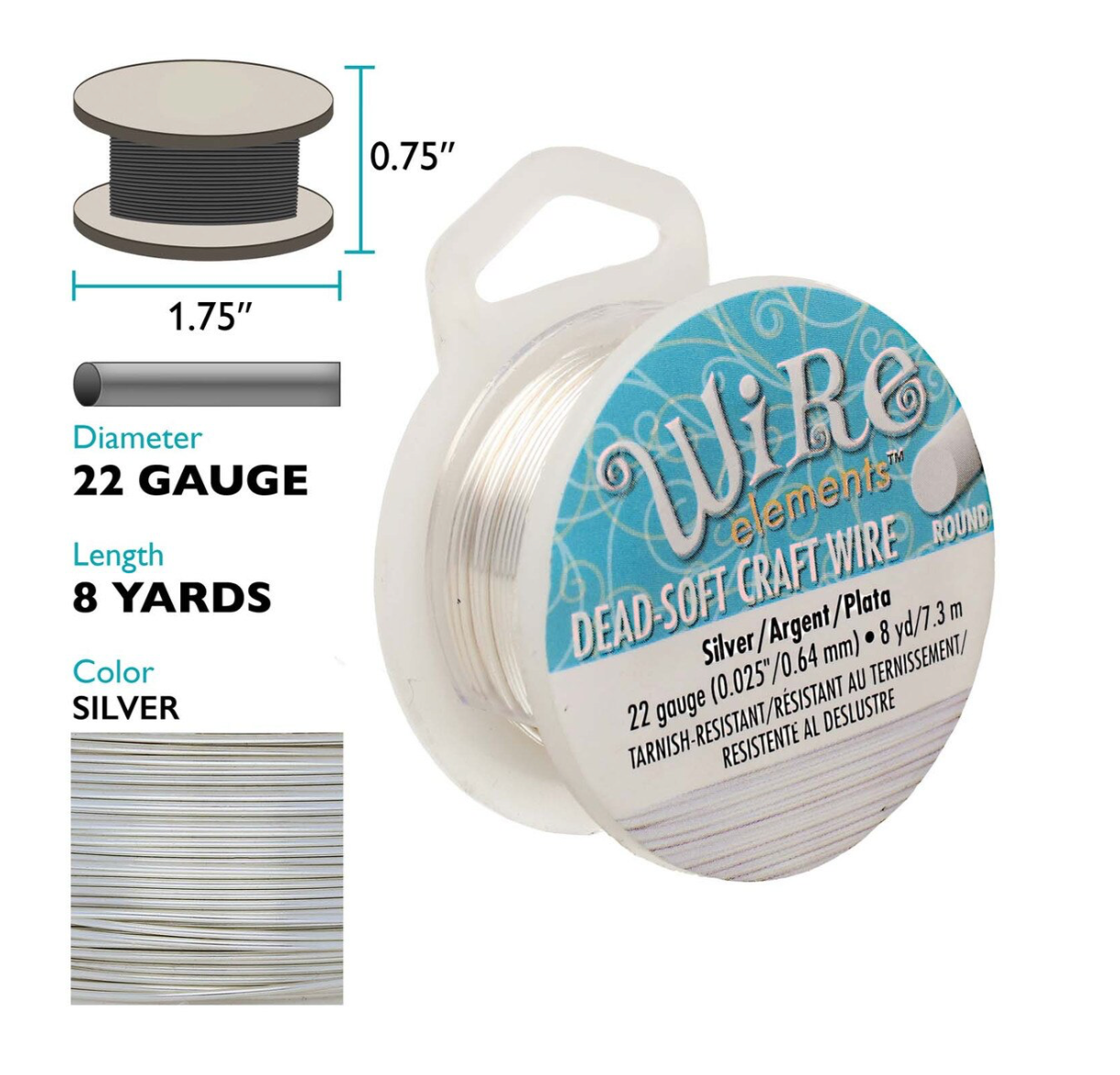 A spool of Wire elements Dead-Soft Craft Wire in silver, shown alongside dimension callouts for diameter 0.75 inches and length 8 yards, plus a close-up swatch of the wire color.