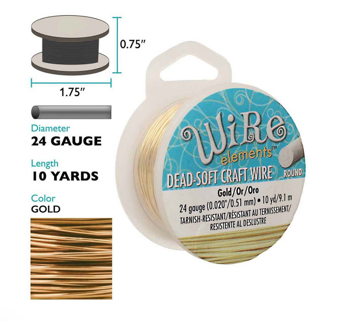 24 Gauge Gold Colour Round Craft Wire by Beadsmith Pro Quality Non Tarnish 10 yd