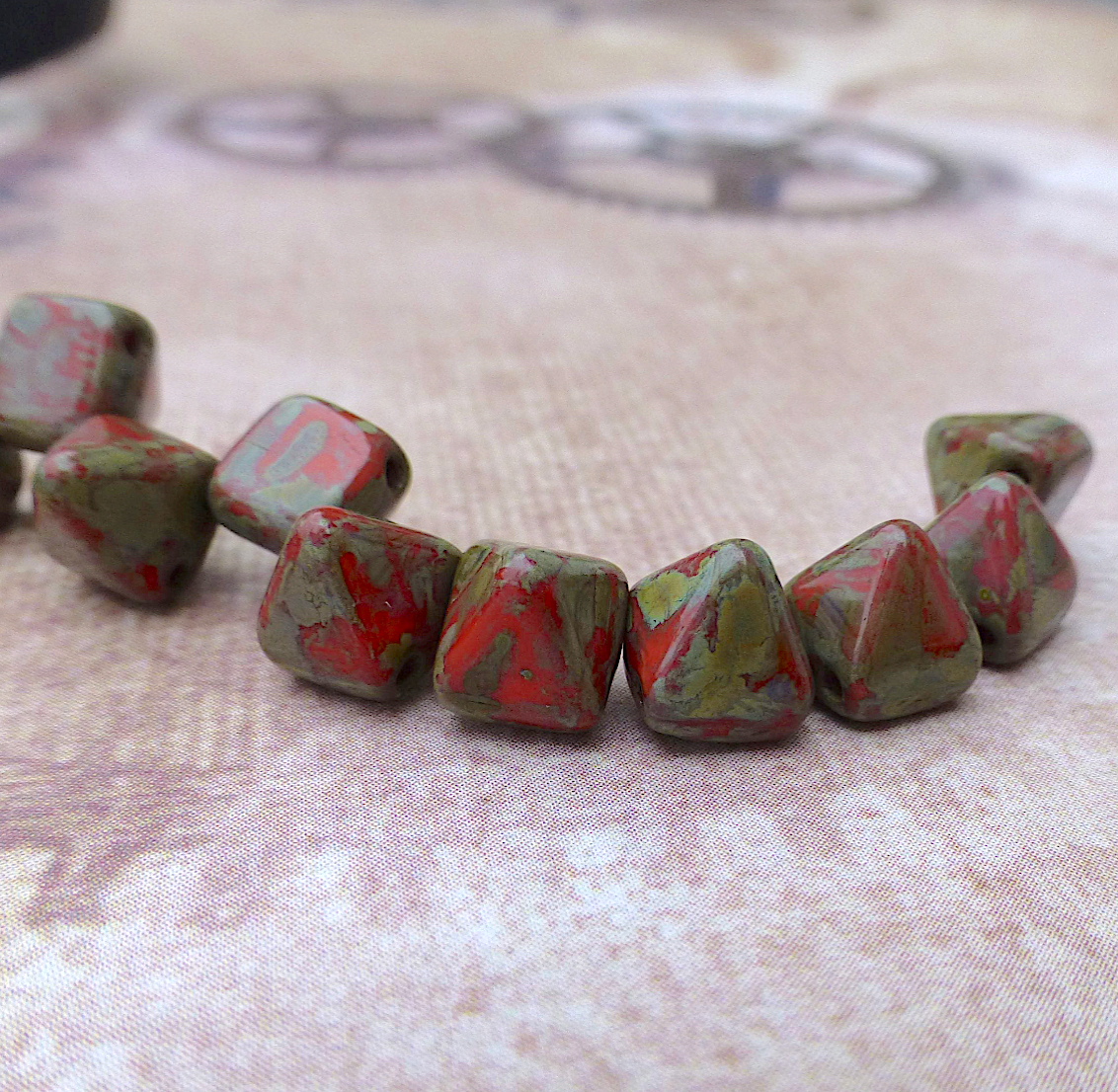 Coral Picasso 6mm Pyramid Stud Czech Glass Two Hole Beads Pack of 25