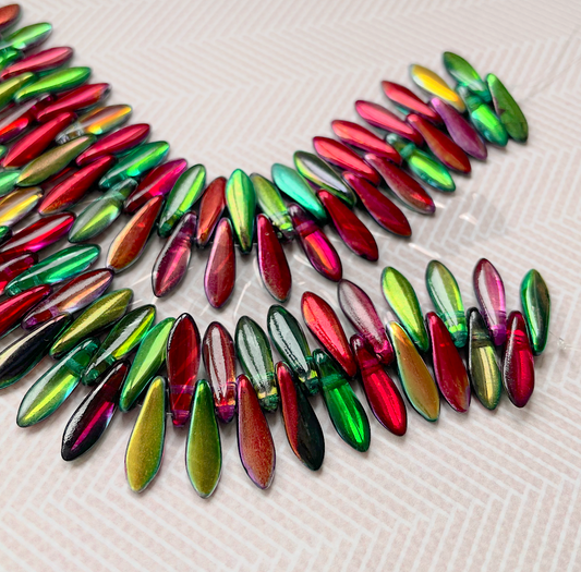 Coated Marea Peacock Gold Two Hole Dagger Beads Czech Pressed Glass Beads - Pack of 10 grams