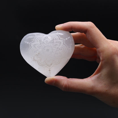 Selenite Heart with Engraved Mandala