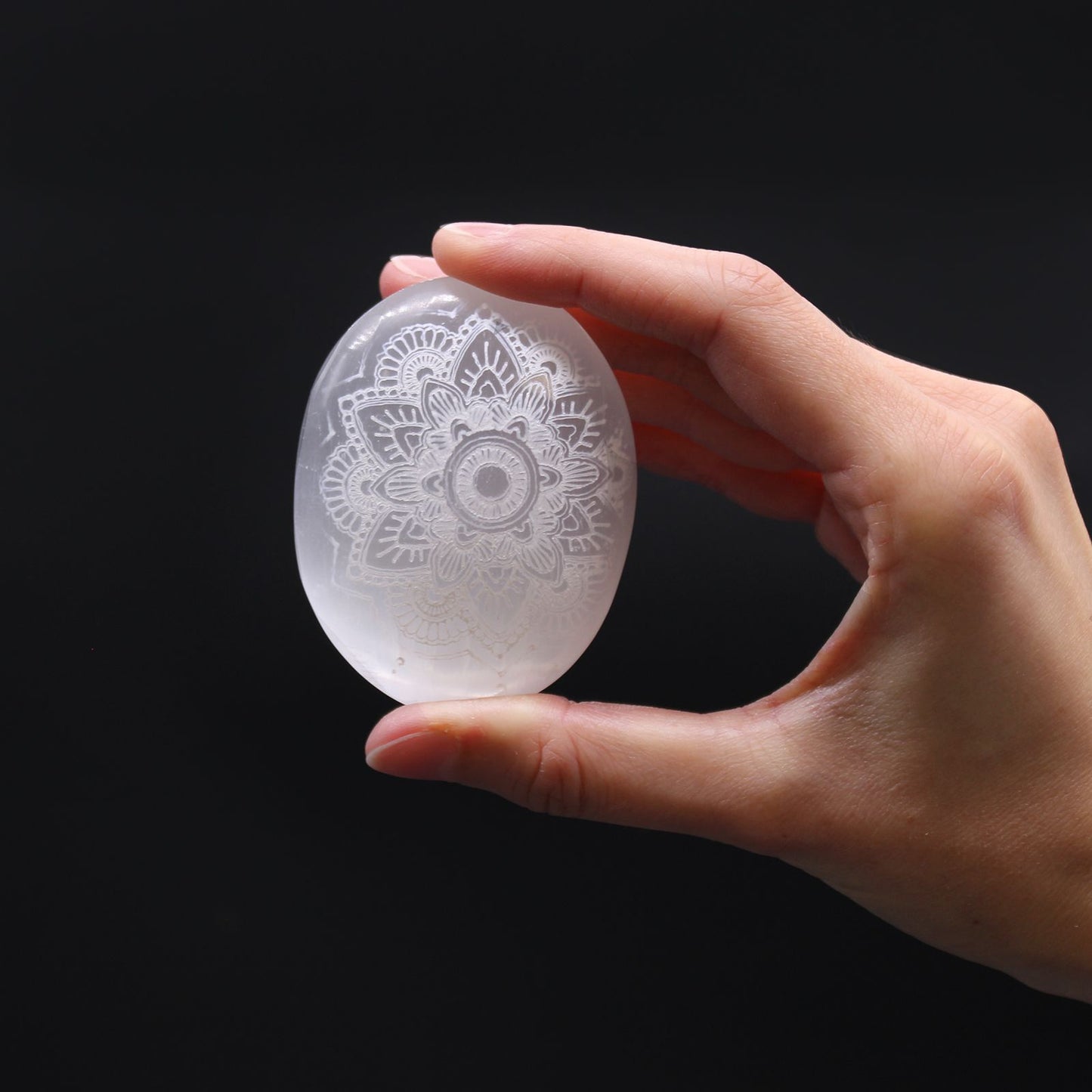 Selenite Palm Stone with Engraved Mandala