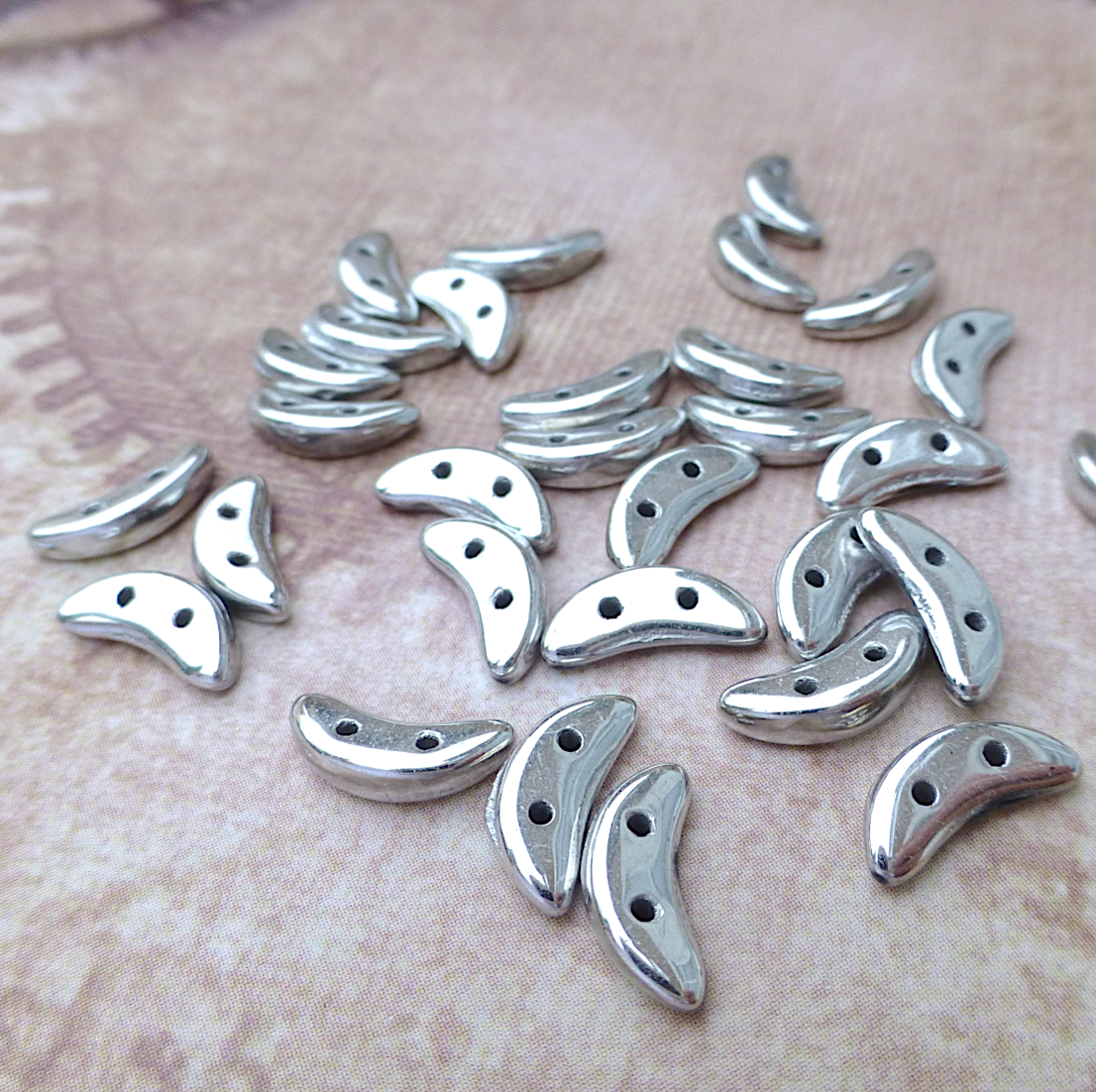 Silver Glass Crescent Beads 2-hole Czech Glass Beads - 50 beads