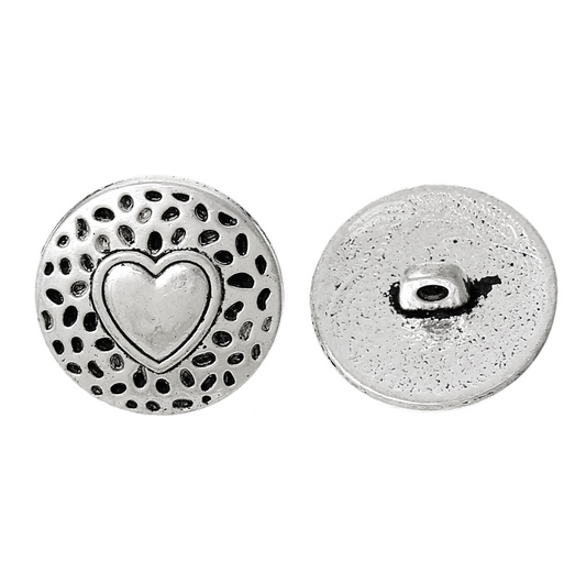 Silver Metal Shank Buttons with Heart - Pack of 10