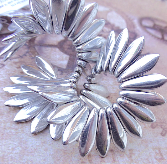 Silver Two Hole Dagger Beads Czech Pressed Glass Beads - Pack of 10 grams