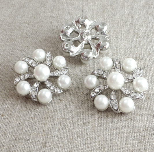 Rhinestone and Faux Pearl Shank Silver Button Pack of 2