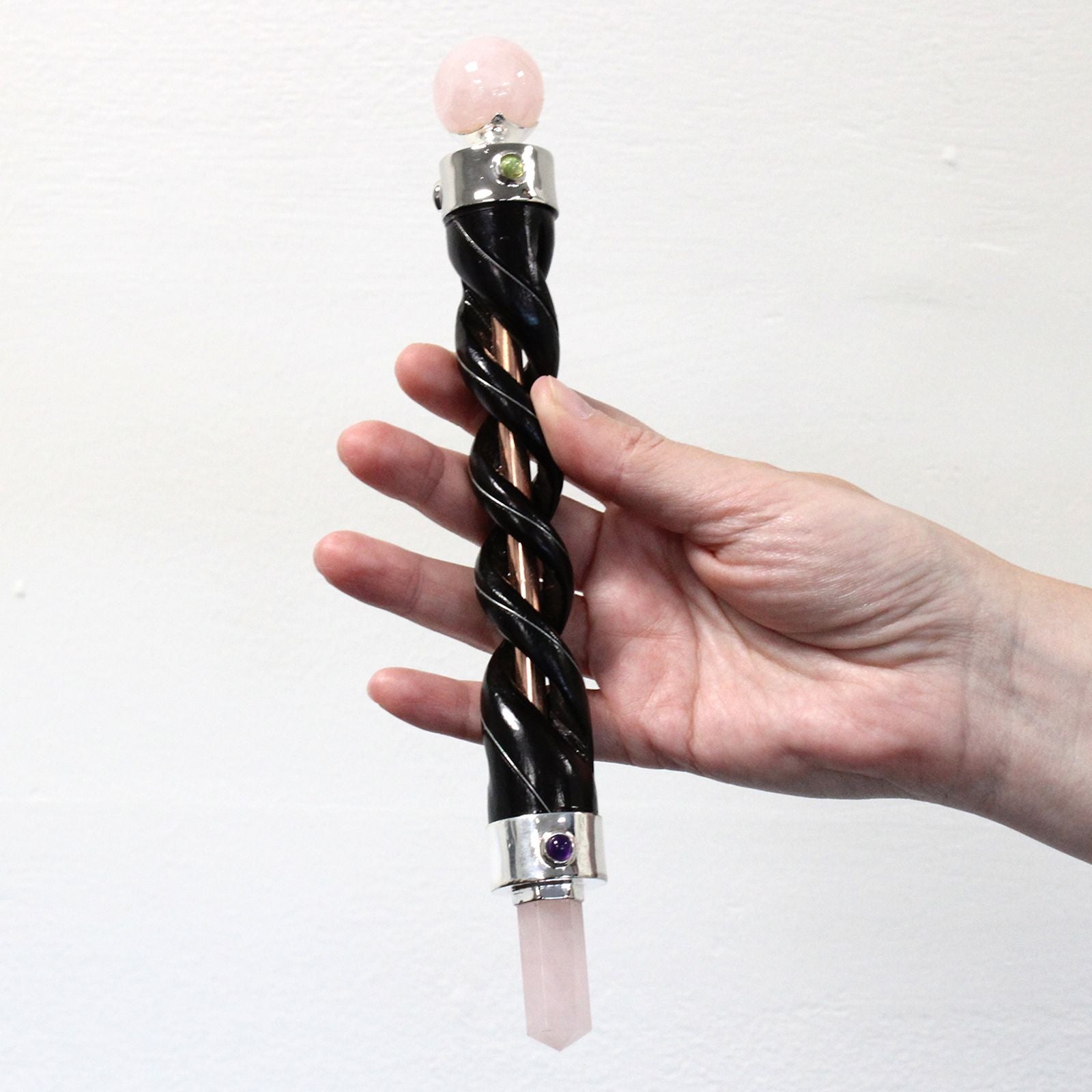 Spiral Carving Healing Wand with Copper Pipe and Rose Quartz