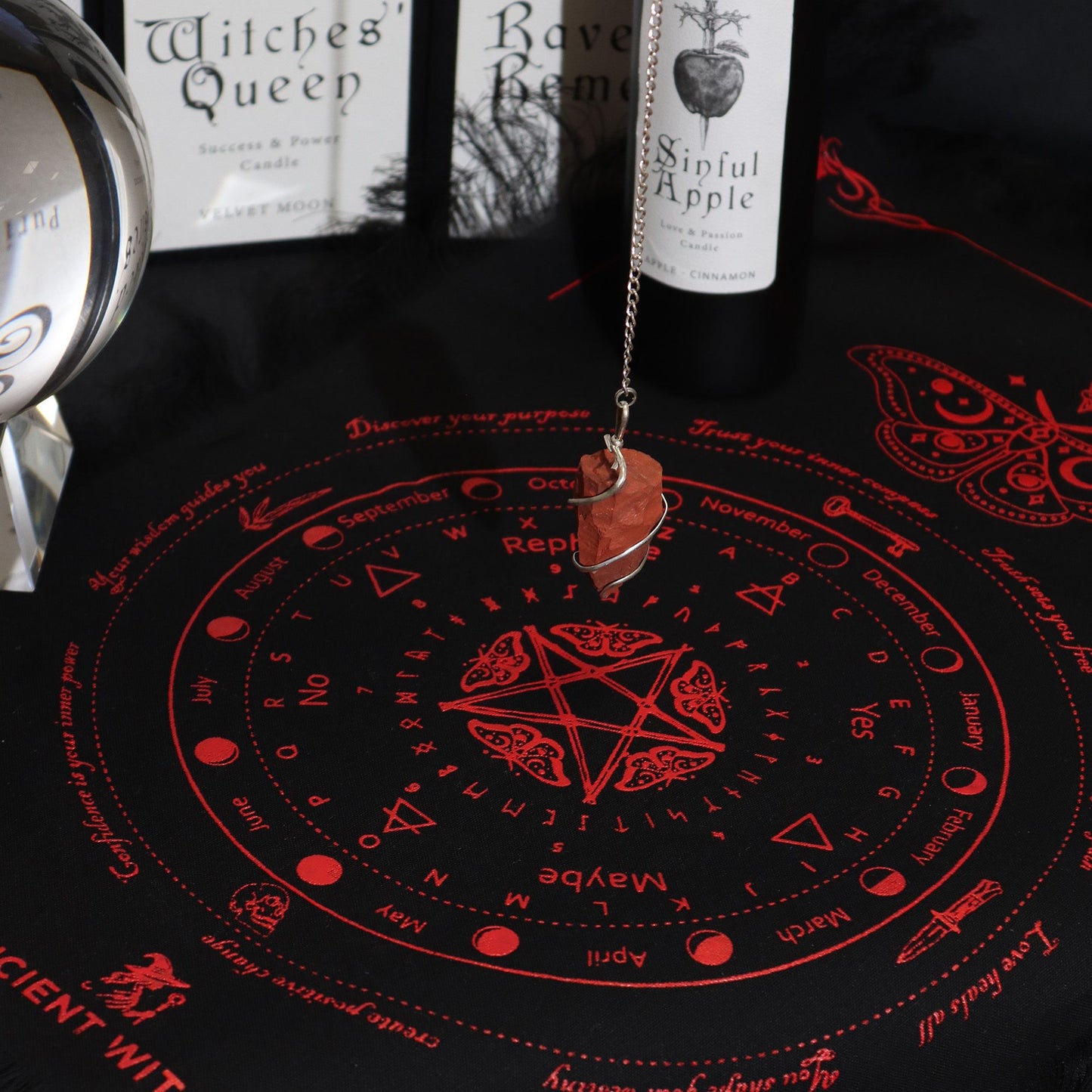 Sun Face Pendulum Divination Cloth Black, Blood Red