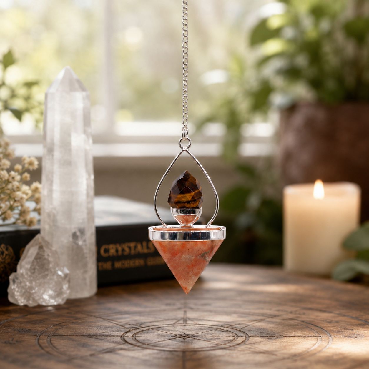 Sunstone & Tigereye Gemstone Lantern of Life Pendulum