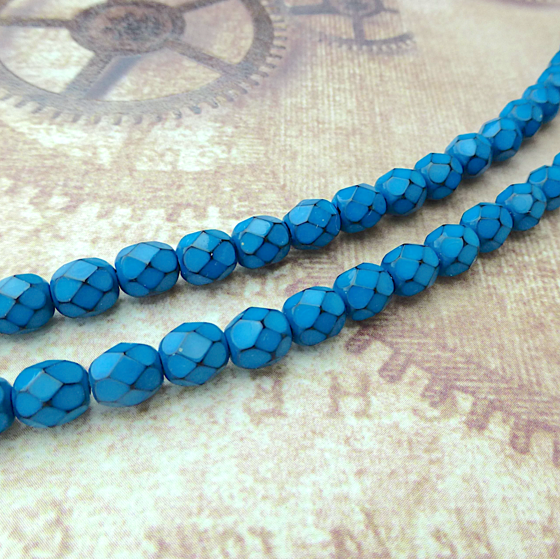 Turquoise Fire Polished Glass Snake Beads 6mm Strand of 25