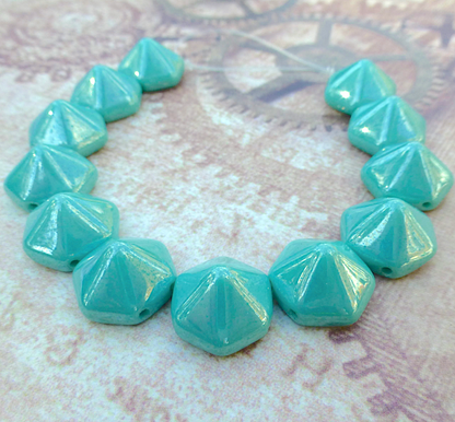Turquoise Shimmer Pyramid Hex Glass 2-hole Beads Strand of 12