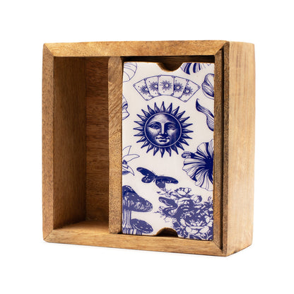 Two Section Tarot Card Holder Box with Blue White Lid