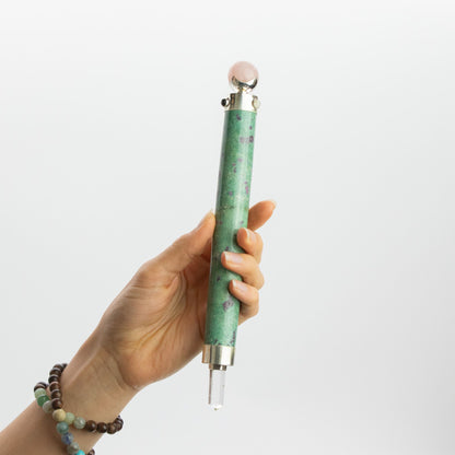 Verdant Heart Wand - Ruby Fuchsite Rose Quartz Crystal Ball top