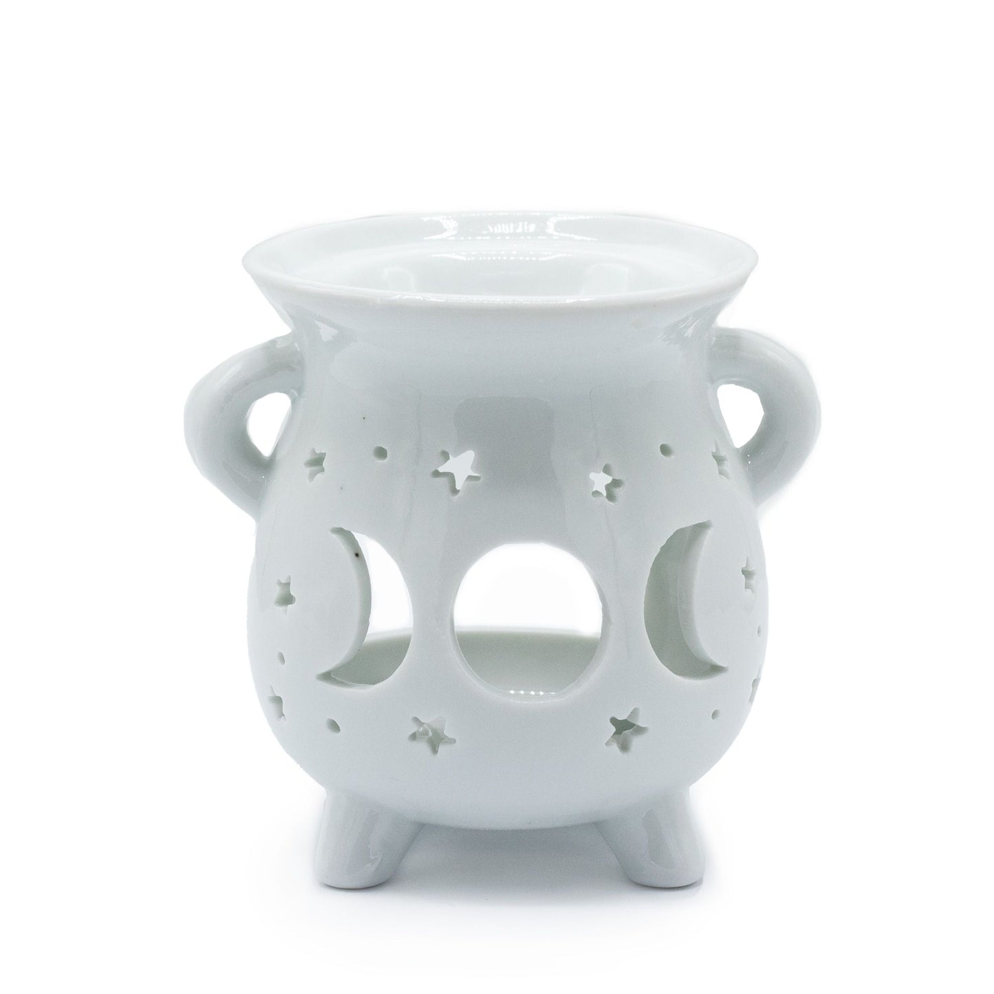 White Ceramic Cauldron Oil Burner Moon Phase 