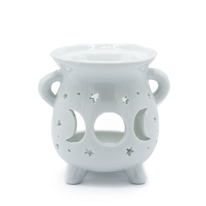 White Ceramic Cauldron Oil Burner Moon Phase 