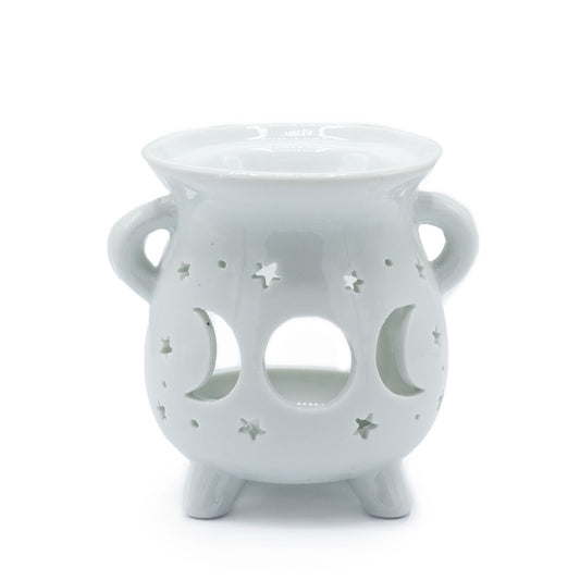 White Ceramic Cauldron Oil Burner Moon Phase 