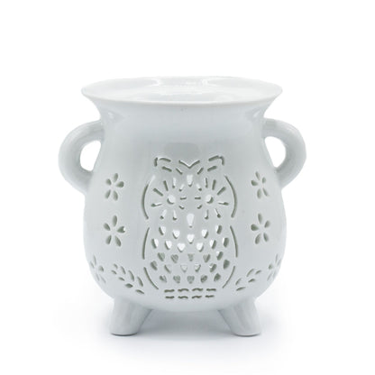White Ceramic Cauldron Oil Burner Owl 