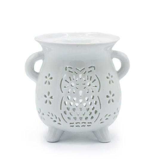 White Ceramic Cauldron Oil Burner Owl 