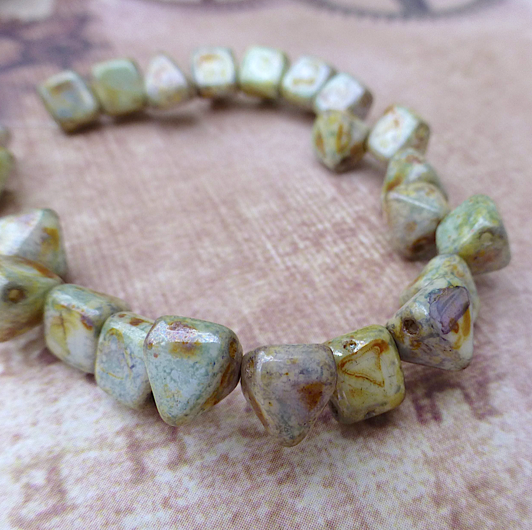 White Pistachio 6mm Pyramid Stud Czech Glass Two Hole Beads Pack of 25