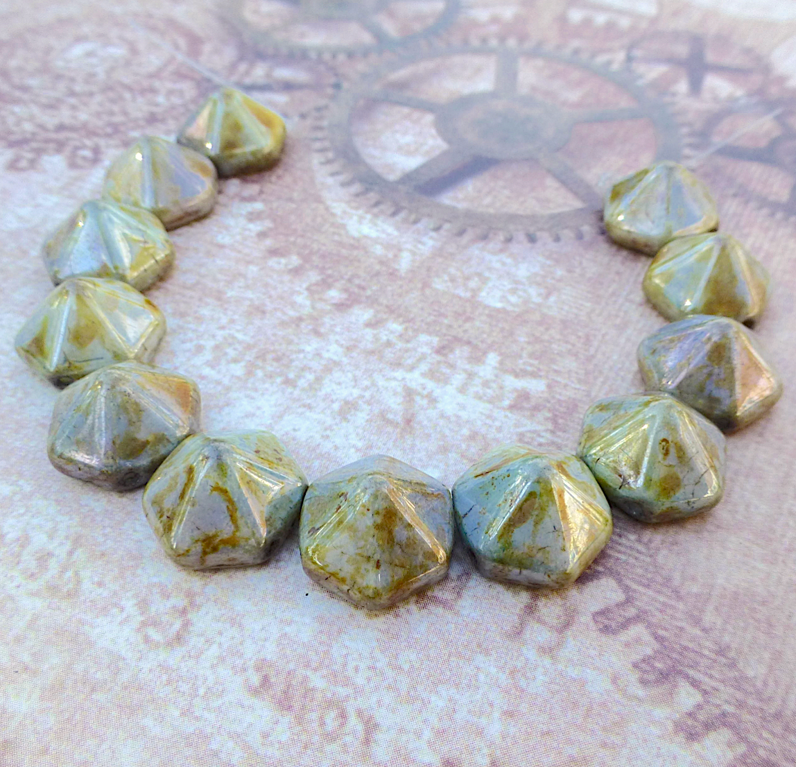 White Travertine Blue Pyramid Hex Glass 2hole Beads Strand of 12