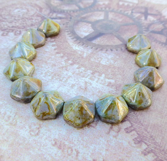 White Travertine Blue Pyramid Hex Glass 2hole Beads Strand of 12