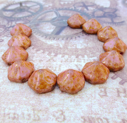 White Travertine Red Brown Pyramid Hex Glass 2-hole Beads Strand of 12