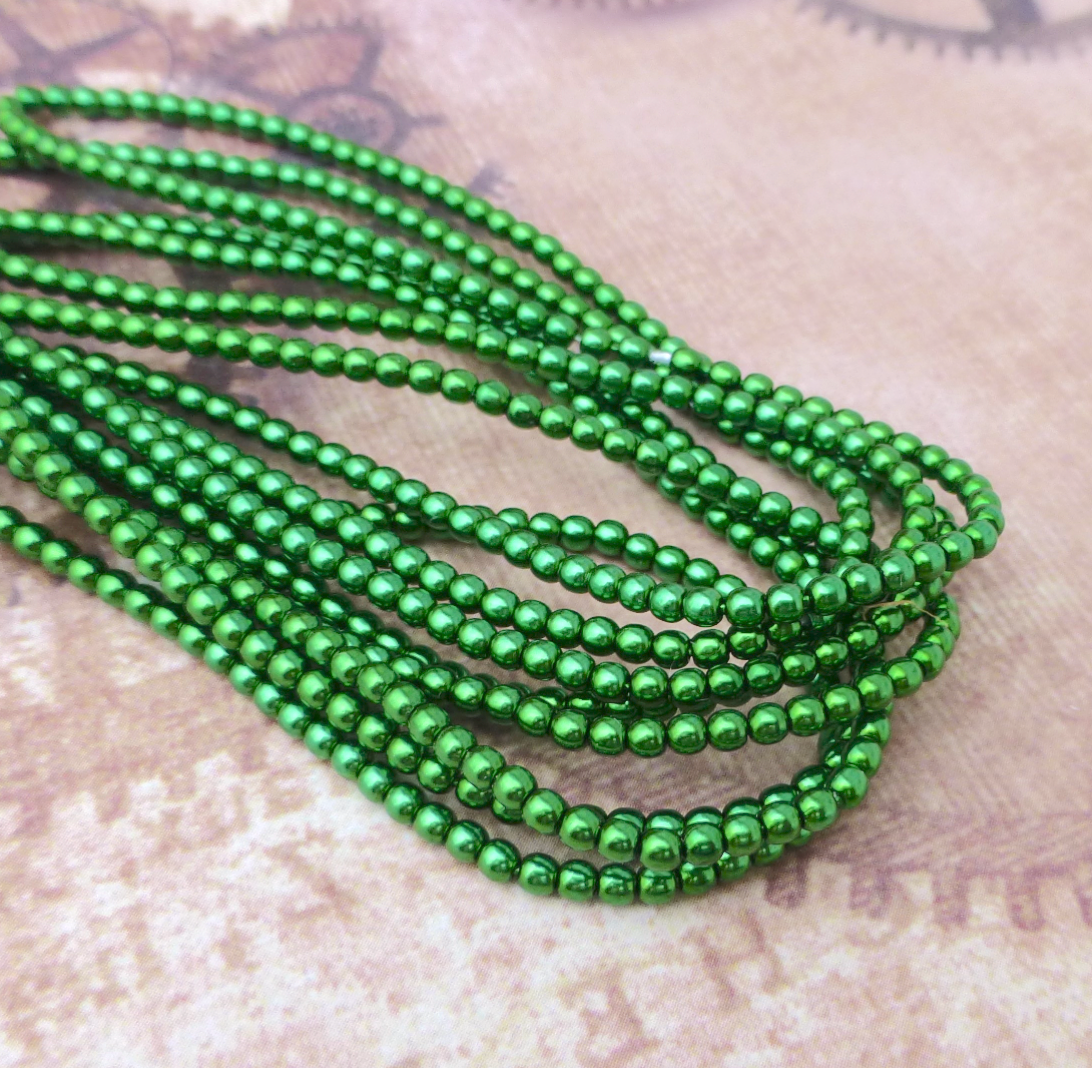 Xmas Green Round Czech Glass Pearls 2mm Strand of 150 beads