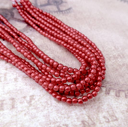 Xmas Red Round Czech Glass Pearls 2mm Strand of 150 beads