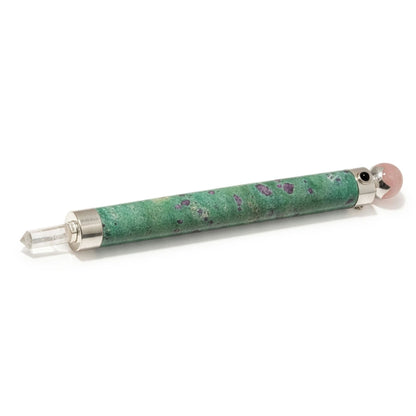 Verdant Heart Wand - Ruby Fuchsite, Rose Quartz, Crystal Ball top