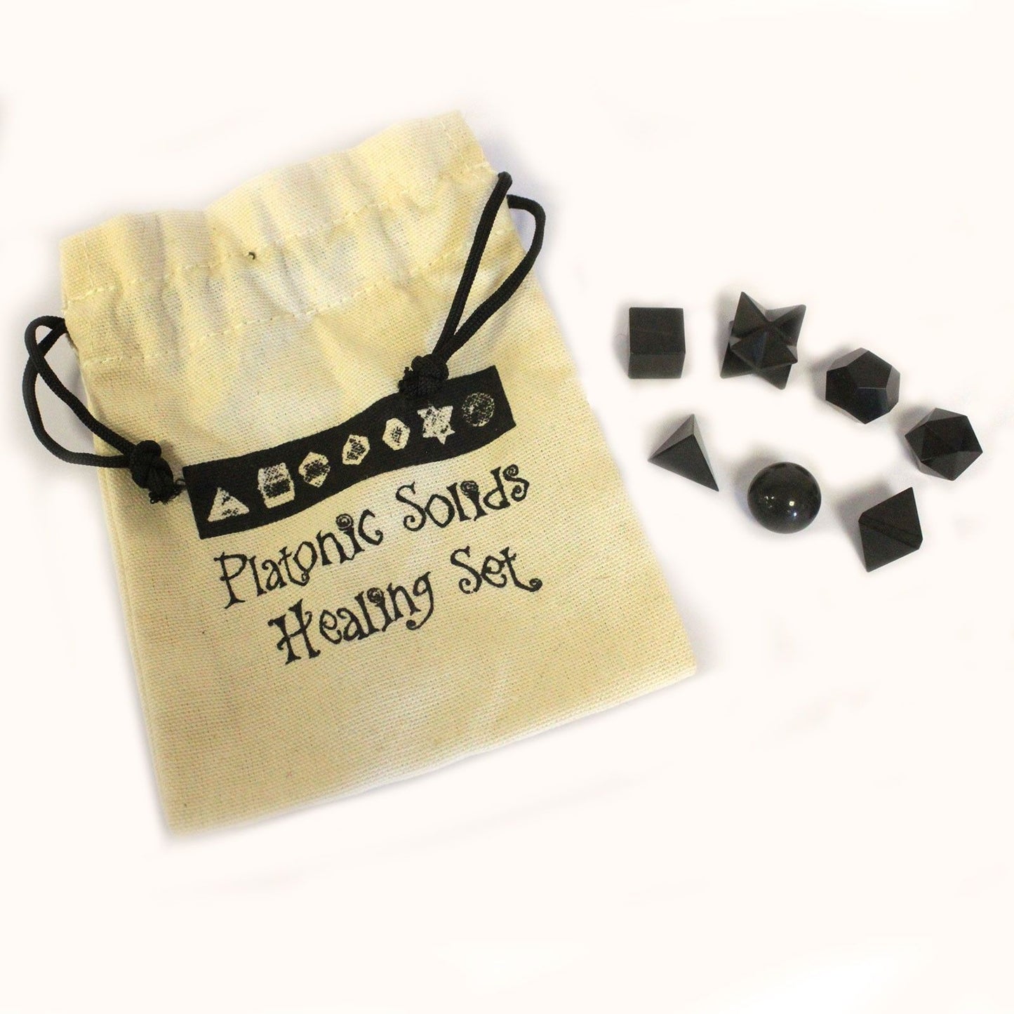 Platonic Solids Geometric Seven Piece Black Agate Set Sacred Geometry