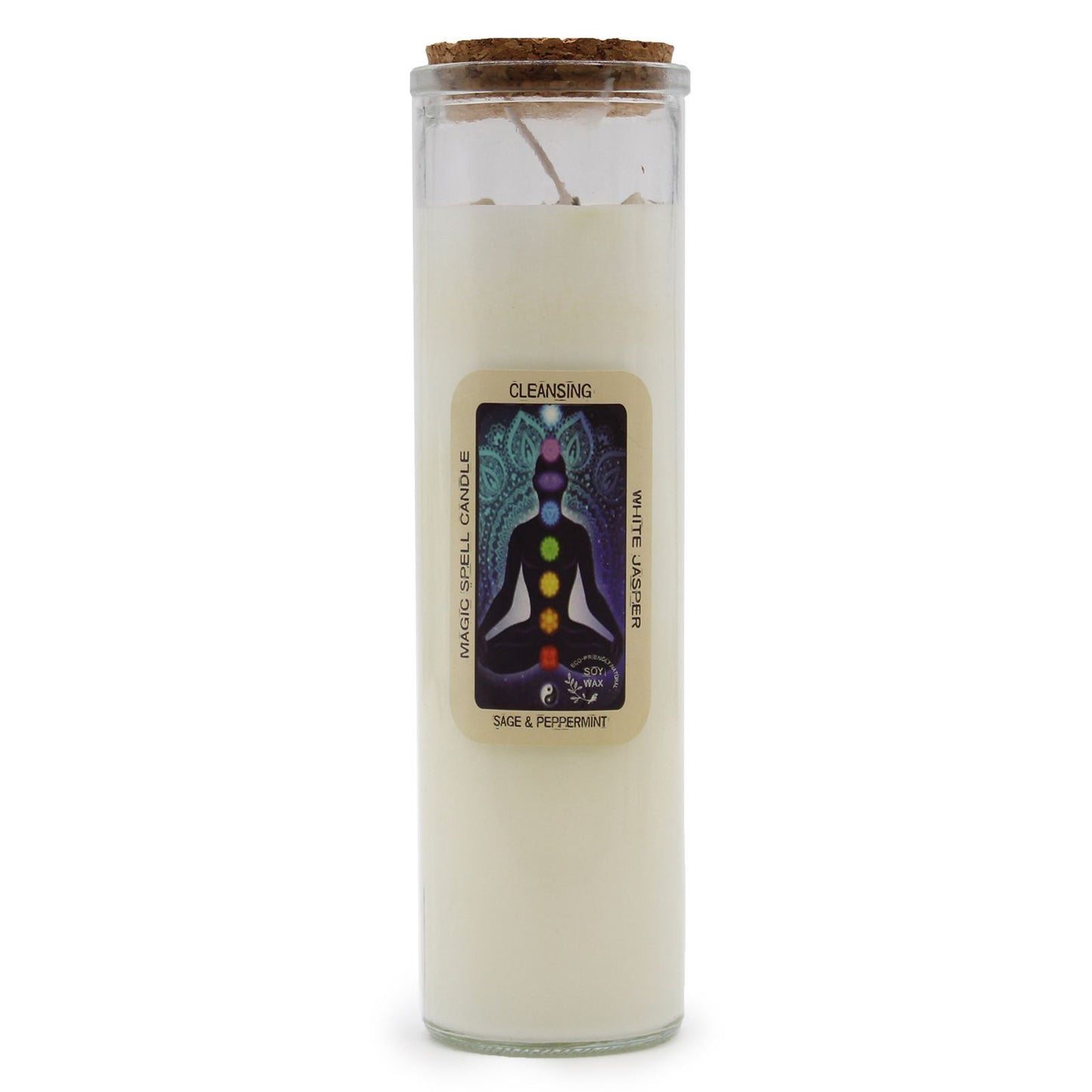 Magic Spell Candle for Cleansing with WHITE JASPER gemstones, SAGE & PEPPERMINT