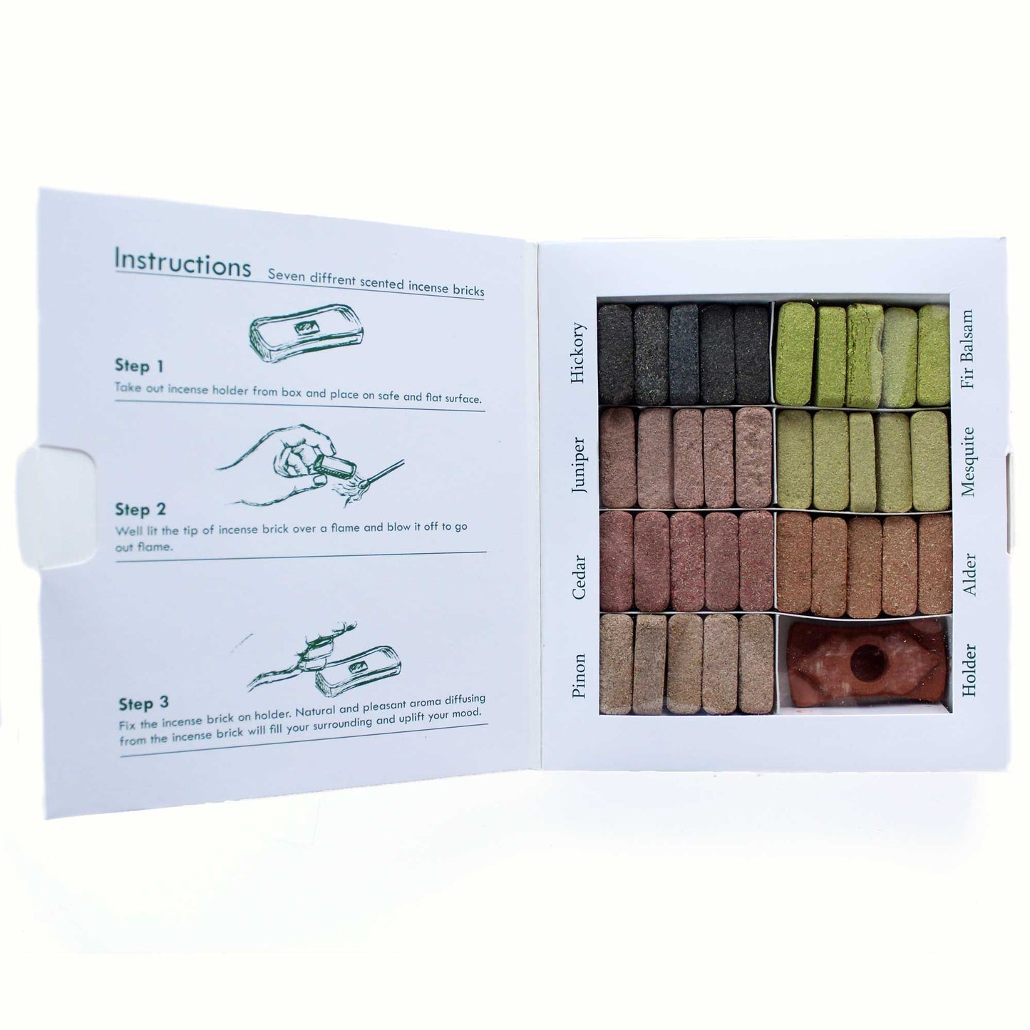 Incense Smudge Bricks and Burner - 7 Earthy Himalaya Fragrances - Set of 70