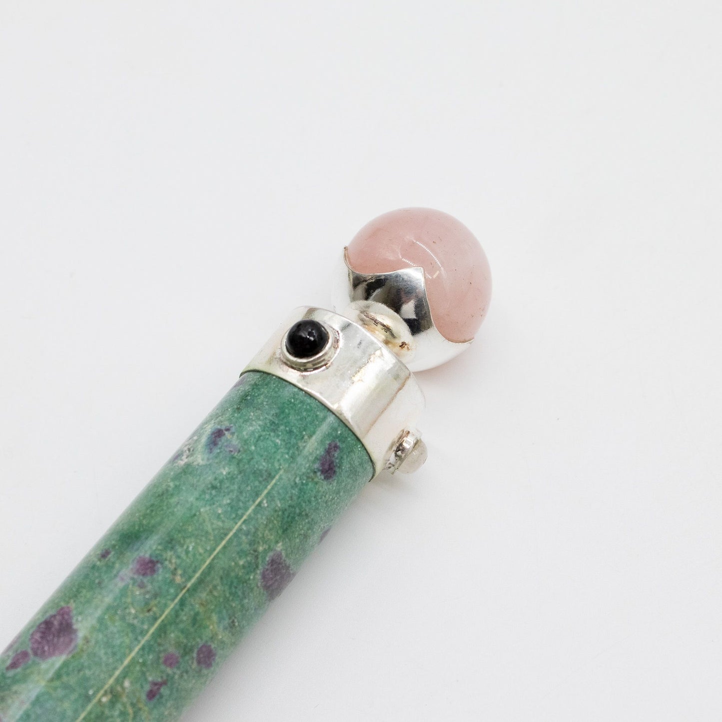 Verdant Heart Wand - Ruby Fuchsite, Rose Quartz, Crystal Ball top