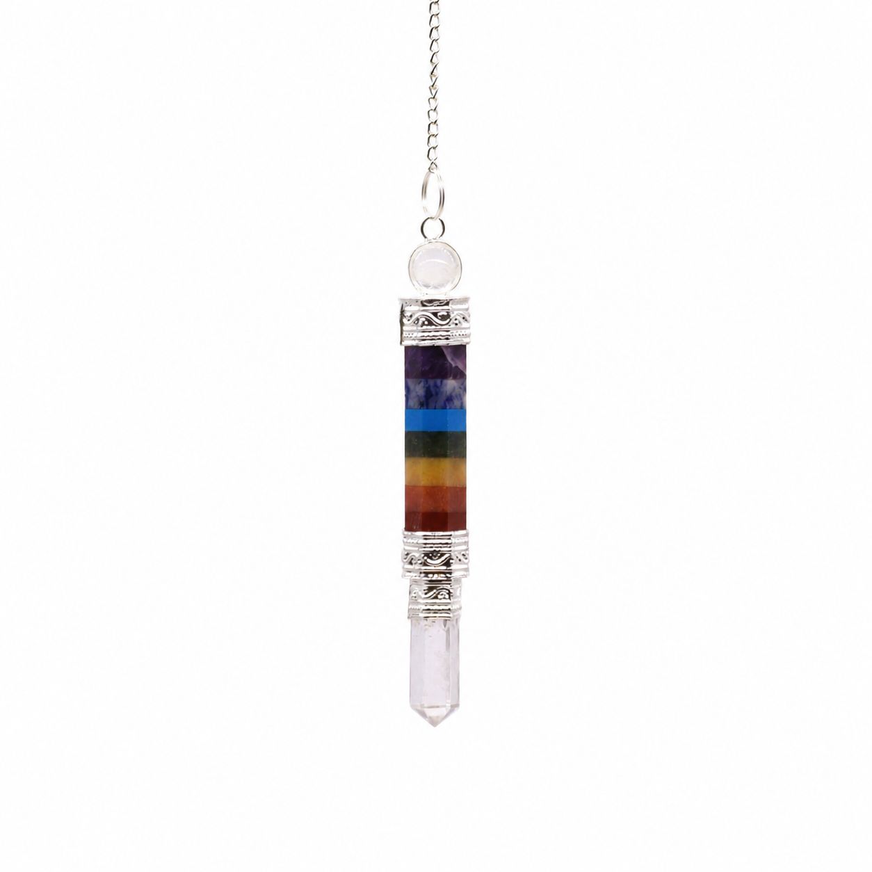 7 Chakra Pendulum with Clear Crystal Point
