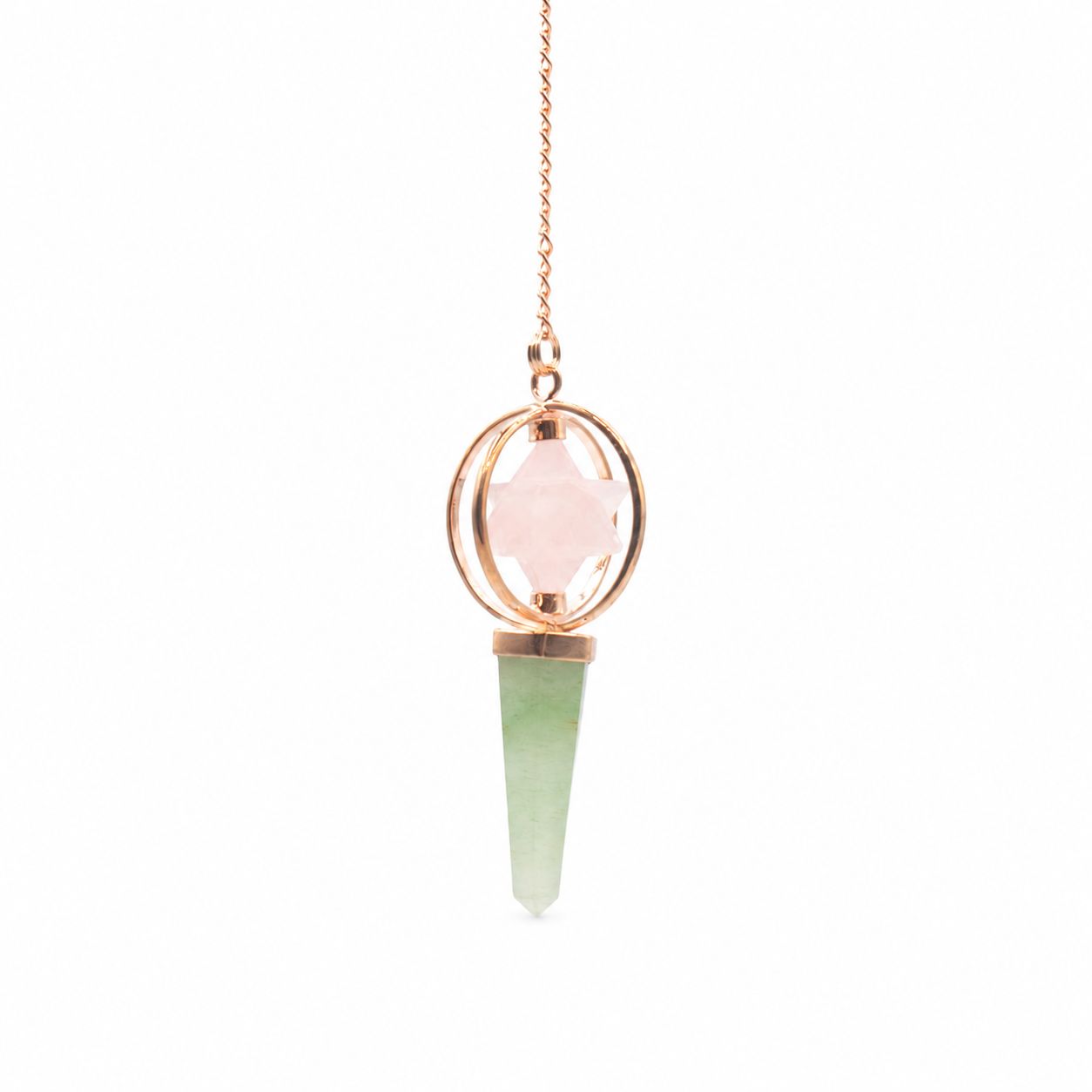 Rose Quartz, Green Aventurine Spinning Merkaba Star in Copper Pendulum Heart Compass
