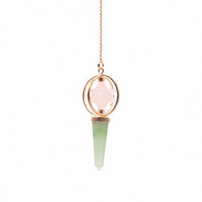 Rose Quartz, Green Aventurine Spinning Merkaba Star in Copper Pendulum Heart Compass