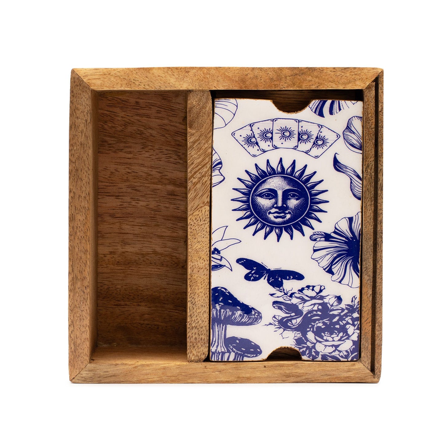 Two Section Tarot Card Holder Box with Blue White Lid