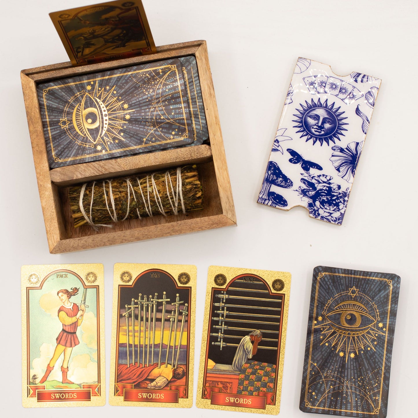 Two Section Tarot Card Holder Box with Blue White Lid