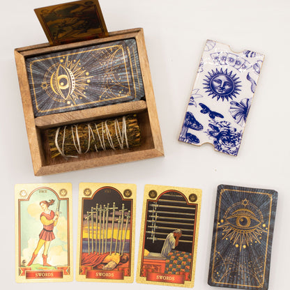 Two Section Tarot Card Holder Box with Blue White Lid