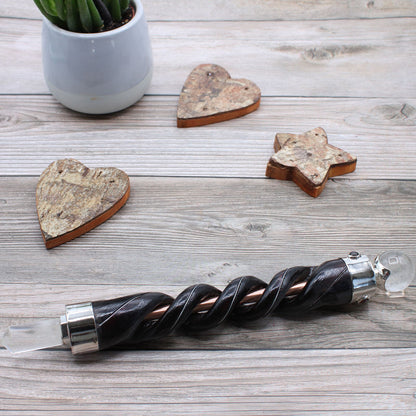Spiral Carving Healing Wand with Copper Pipe and Rock Quartz Sphere
