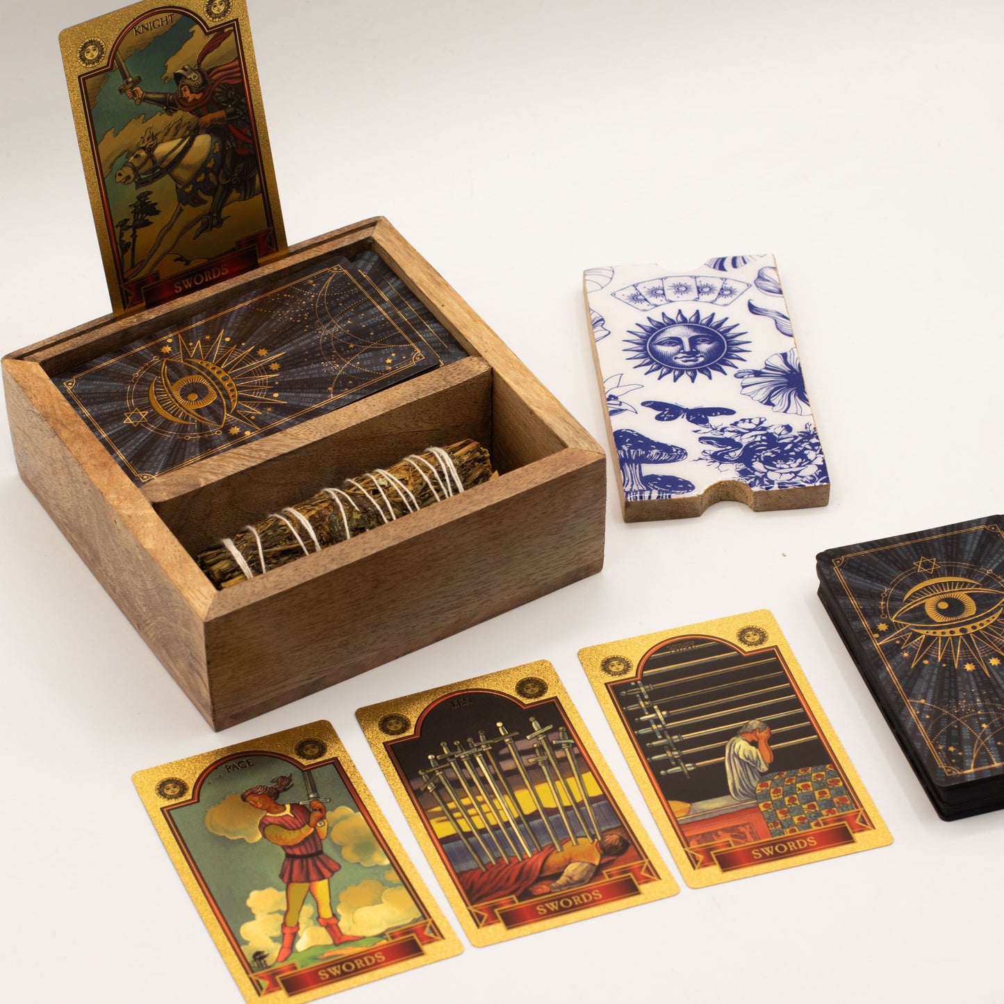 Two Section Tarot Card Holder Box with Blue White Lid