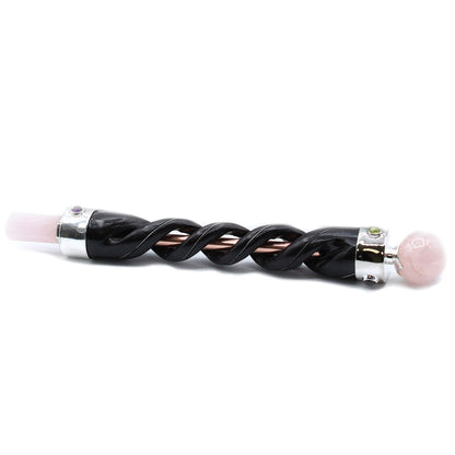Spiral Carving Healing Wand with Copper Pipe and Rose Quartz