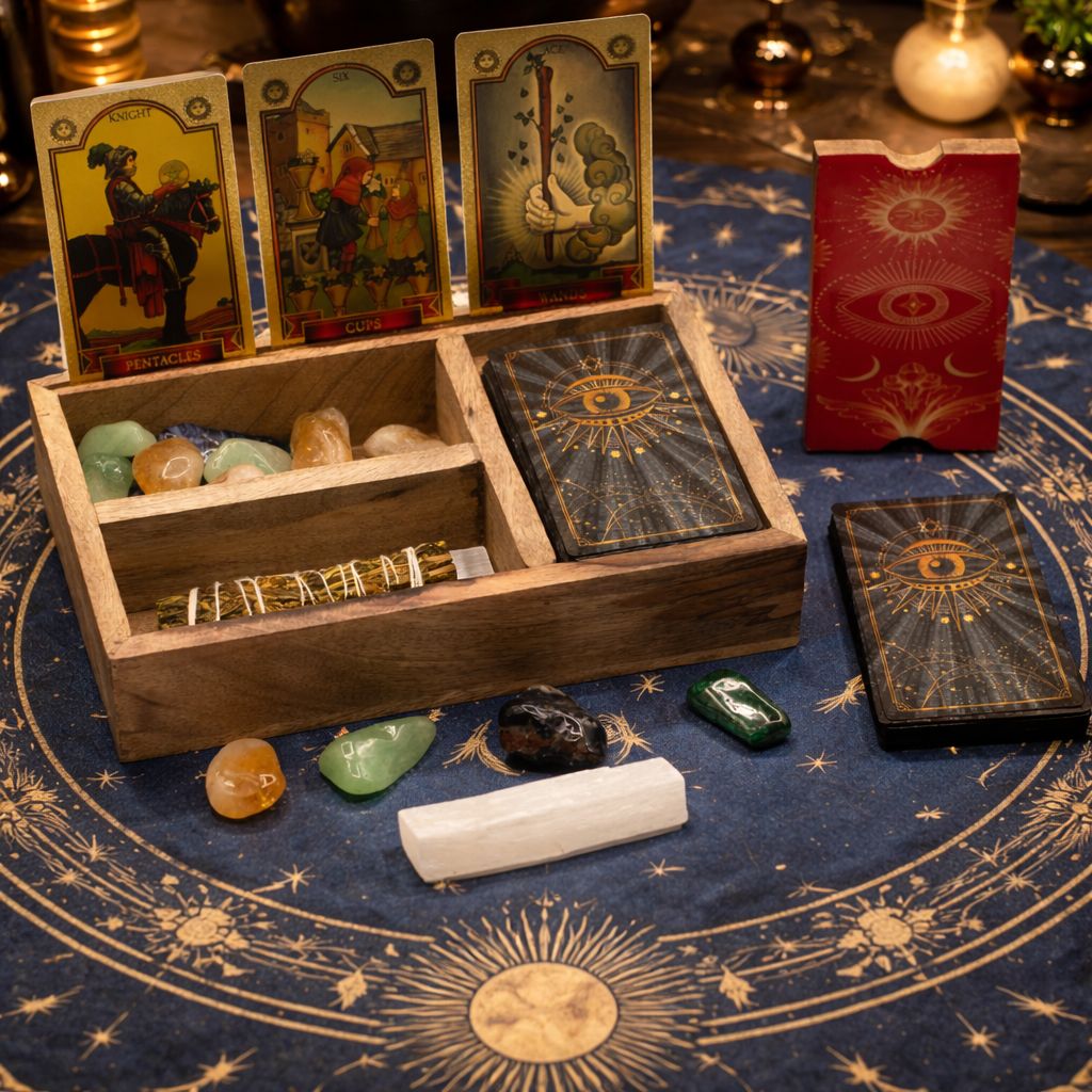 Three Section Tarot Card Holder Box with Red Lid