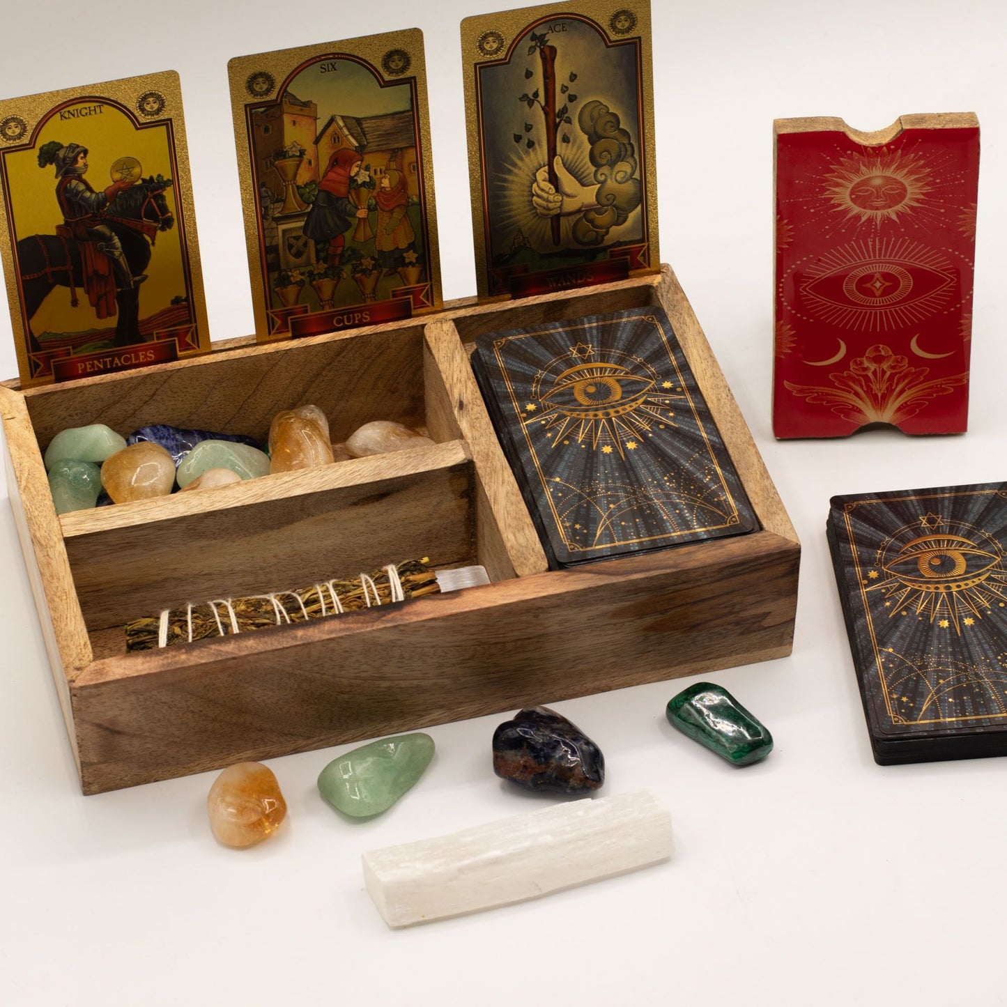Three Section Tarot Card Holder Box with Red Lid