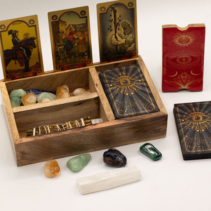 Three Section Tarot Card Holder Box with Red Lid