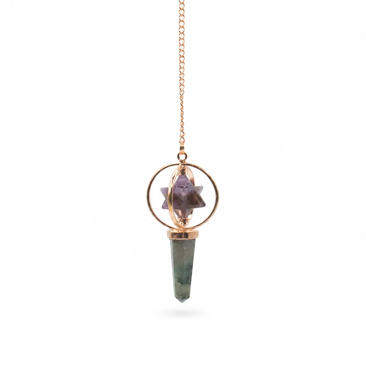 Amethyst, Labradorite Spinning Merkaba Star in Copper Pendulum Cosmic Navigator
