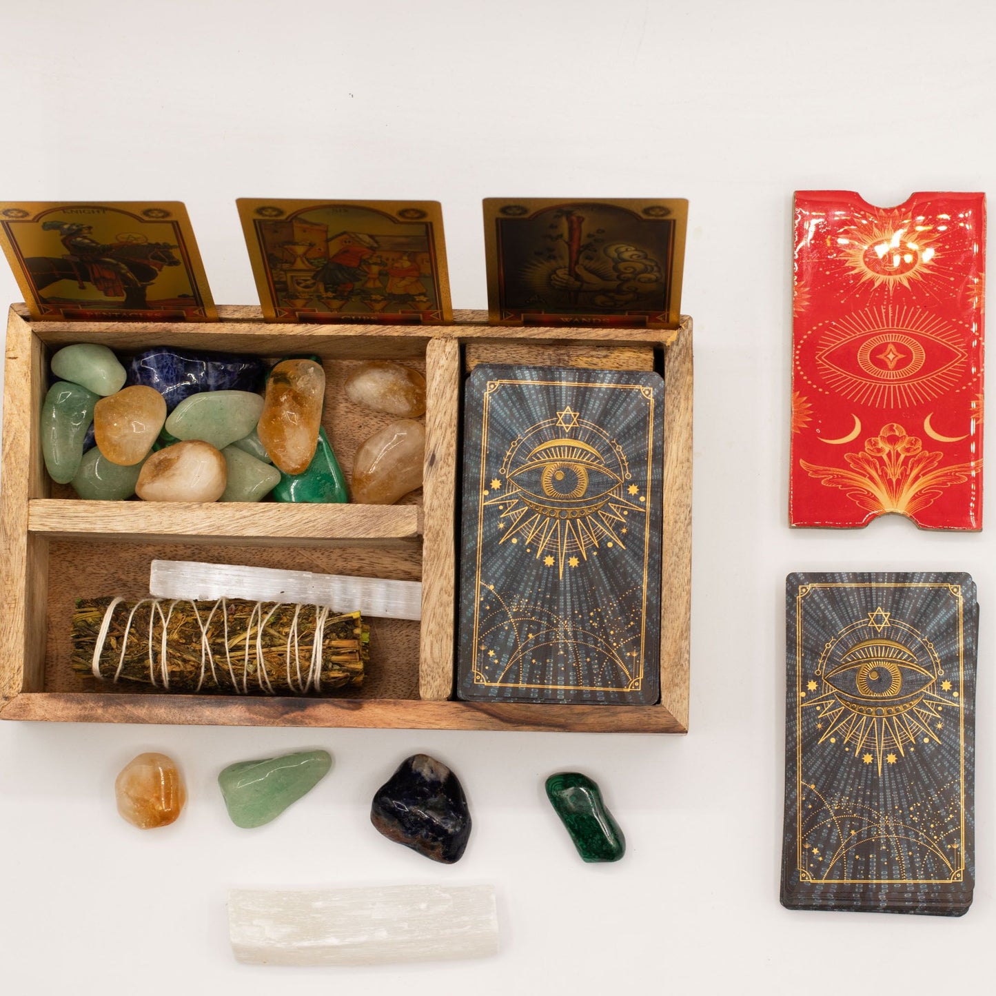Three Section Tarot Card Holder Box with Red Lid