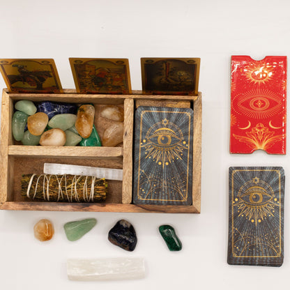 Three Section Tarot Card Holder Box with Red Lid